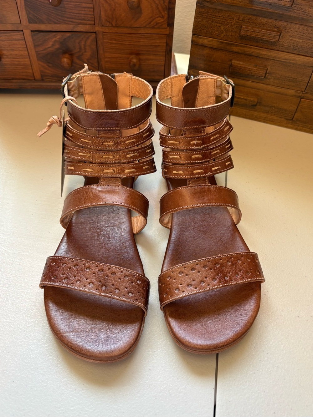 Bed|Stü Artemis strappy leather back-zip sandals NWT cognac size 10 - Picture 2 of 9